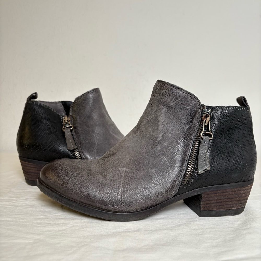 MIZ MOOZ Grey Black Double Zip Leather Ankle Bootie Boots 38 (7.5 & 8) - Picture 2 of 12